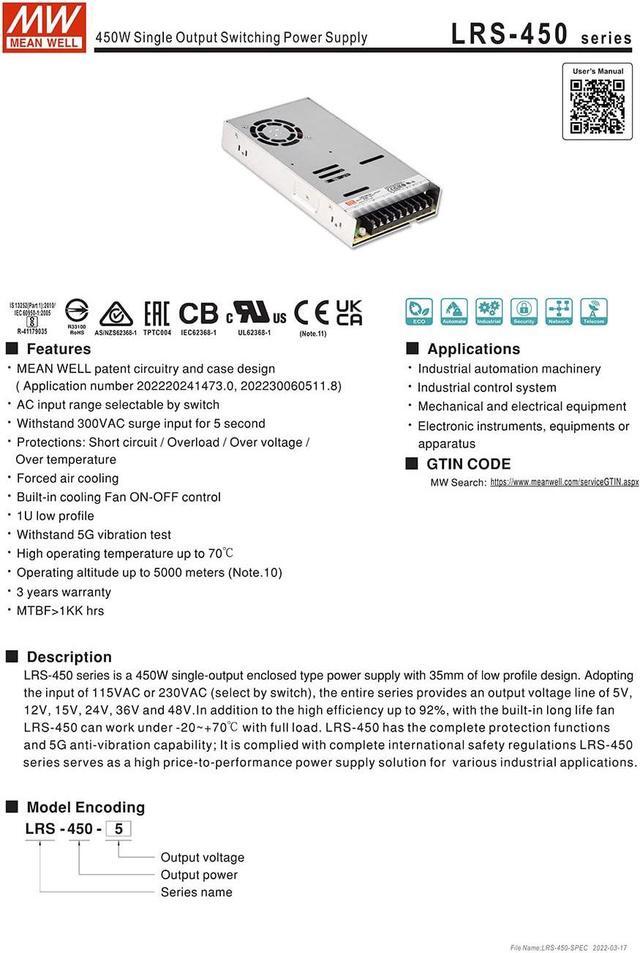 Alt view image 3 of 6 - Original Mean Well LRS-450-48 450W 48V Switching Power Supply 110V/220V AC to 48V DC 9.4A 450W dc Power Supply Transformer