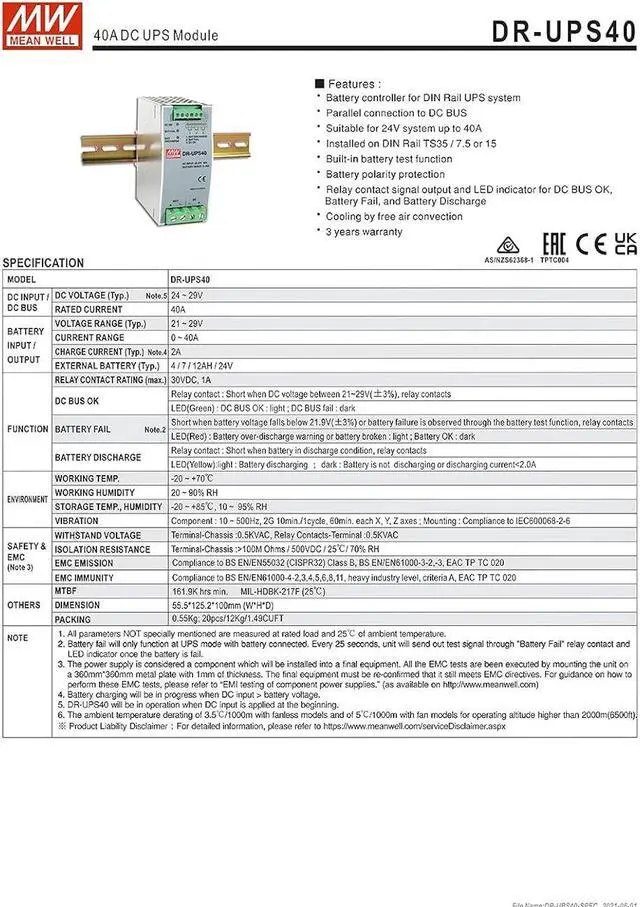 Alt view image 6 of 7 - Original Mean Well Uninterruptable Power Supply DC Input 24-29V 40A DC UPS Module Uninterrupted Switching Power Supply Battery Controller for DIN Rail UPS System
