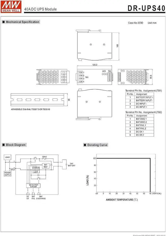Alt view image 7 of 7 - Original Mean Well Uninterruptable Power Supply DC Input 24-29V 40A DC UPS Module Uninterrupted Switching Power Supply Battery Controller for DIN Rail UPS System