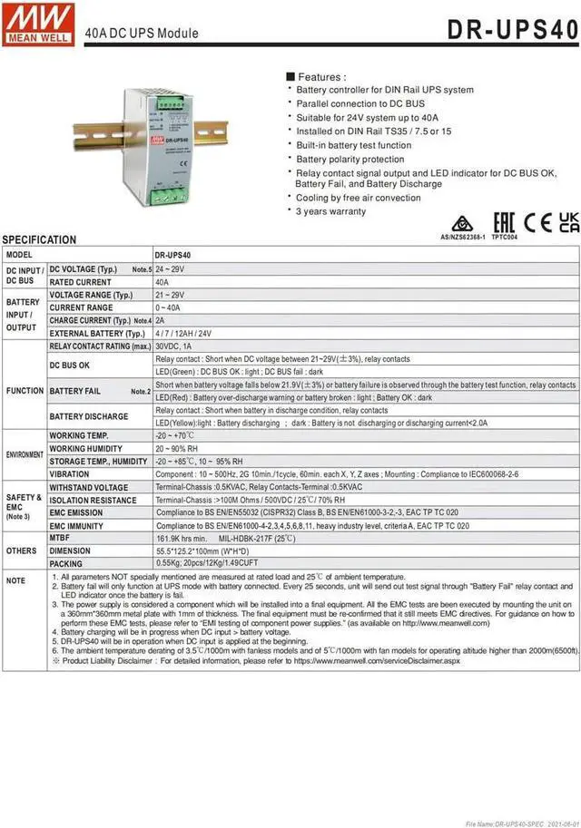 Alt view image 5 of 6 - MW Mean Well Plastic Case DR-UPS40 21-29V 40A Supplementary DC UPS DC UPS Module DC-DC Single Output Power Supply (DR-UPS40)
