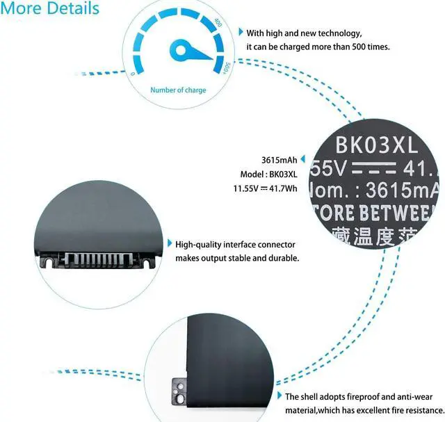 Alt view image 3 of 7 - QINGYUX BK03XL Original Laptop Battery Compatible with HP Pavilion X360 Convertible 14-ba0xx 14-ba2xx 14m-ba0xx 14m-ba1xx 14m-ba011dx 14m-ba013dx 14m-ba114dx 14-ba253cl 14-bal125cl Series