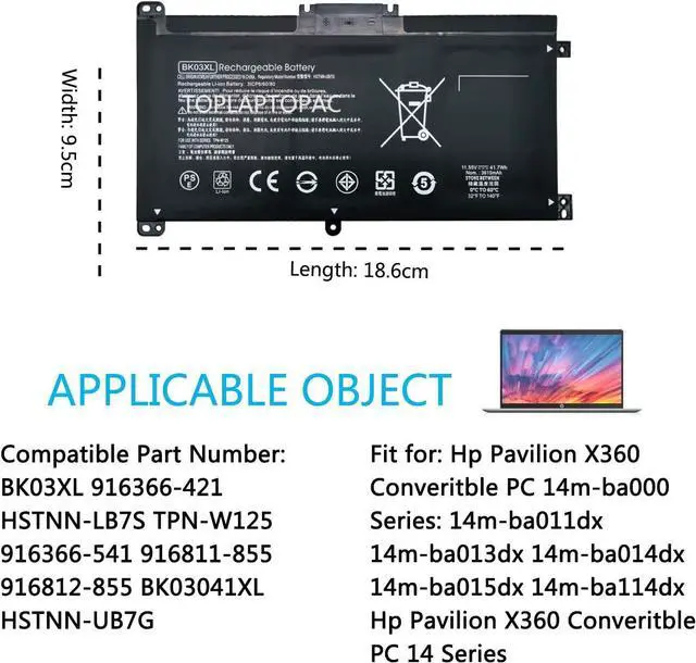 Alt view image 6 of 7 - QINGYUX BK03XL Original Laptop Battery Compatible with HP Pavilion X360 Convertible 14-ba0xx 14-ba2xx 14m-ba0xx 14m-ba1xx 14m-ba011dx 14m-ba013dx 14m-ba114dx 14-ba253cl 14-bal125cl Series