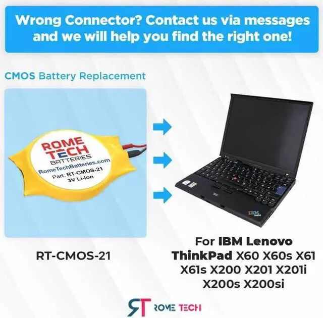 Alt view image 2 of 6 - Rome Tech CMOS Battery for Lenovo ThinkPad X60 X60s X200 X201 X201i X200s X200si - Laptop Backup BIOS RTC 3V CR2032 Battery with 3 Pin 3 Wire Cable (10-Pack)