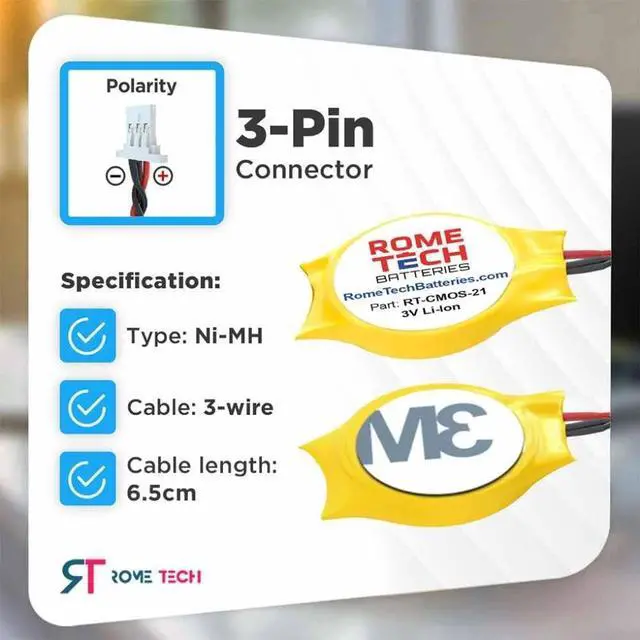 Alt view image 3 of 6 - Rome Tech CMOS Battery for Lenovo ThinkPad X60 X60s X200 X201 X201i X200s X200si - Laptop Backup BIOS RTC 3V CR2032 Battery with 3 Pin 3 Wire Cable (10-Pack)