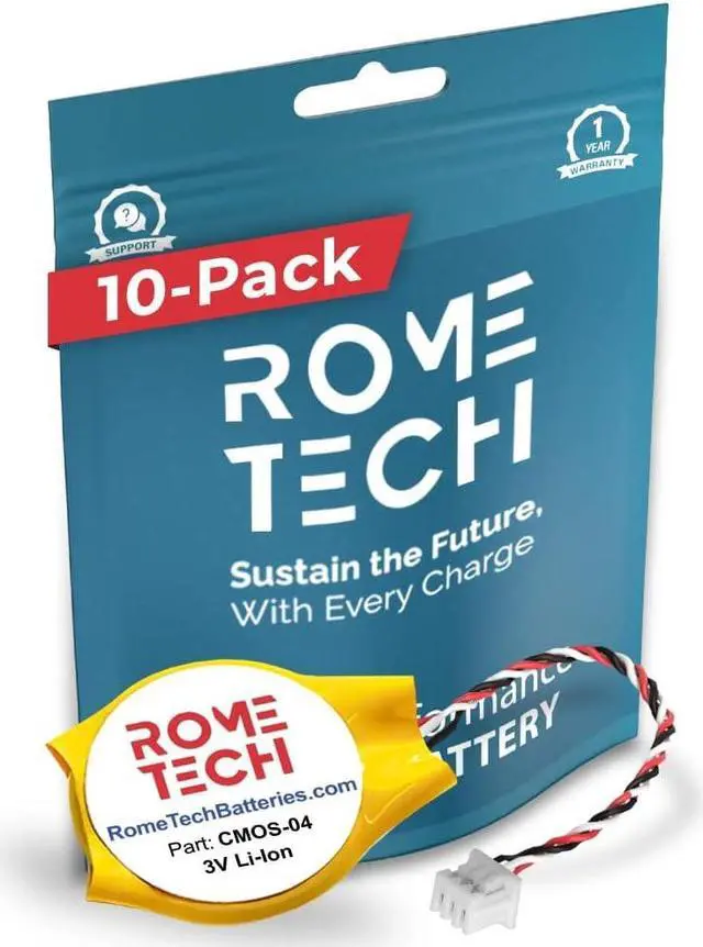 Main image of Rome Tech CMOS Battery for HP Compaq 8530p, CQ50, CQ60, CQ70, G60 - Laptop Backup BIOS RTC 3V CR2032 Battery with 2 Wires/Cable (10-Pack)