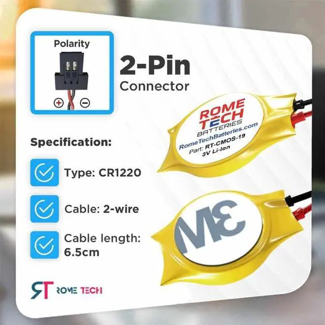 Alt view image 2 of 5 - Rome Tech CR1220W CMOS Battery for Medion Akoya P2212T / Medion Akoya S2218 - Laptop Backup BIOS RTC 3V CR 1220 Battery with 2 Wire Cable FI Connector (10-Pack)