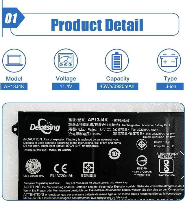 Alt view image 2 of 6 - Dentsing AP13J4K 11.4V 45Wh/3920mAh Laptop Battery Compatible with Acer Chromebook 11.6" 11 C740 C720 C720P CB3-532 Series Notebook AP13J3K KT.00304.001 (4cm Long Cord)
