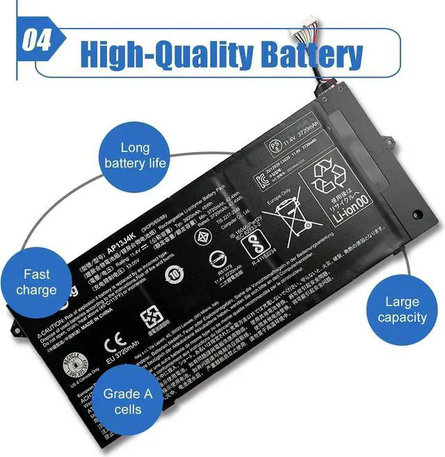 Alt view image 5 of 6 - Dentsing AP13J4K 11.4V 45Wh/3920mAh Laptop Battery Compatible with Acer Chromebook 11.6" 11 C740 C720 C720P CB3-532 Series Notebook AP13J3K KT.00304.001 (4cm Long Cord)