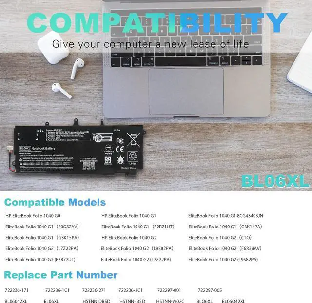 Alt view image 4 of 7 - BL06042XL Battery fit HP EliteBook Folio 1040 G0 G1 G2, P/N: HSTNN-DB5D IB5D W02C 722236-171 1C1 271 2C1 722297-001 005 F450 F450C BL06XL -Futurebatt