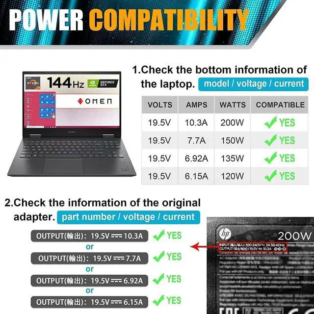 Alt view image 3 of 6 - 200W AC Adapter Laptop Charger Compatible with HP OMEN Pavilion Gaming 15 17 Envy 15 2020 TPN-DA10 L00818-850 TPN-LA21 L73385-001 ADP-200HB B OMEN 15 15t 17 17t Power Supply Cord
