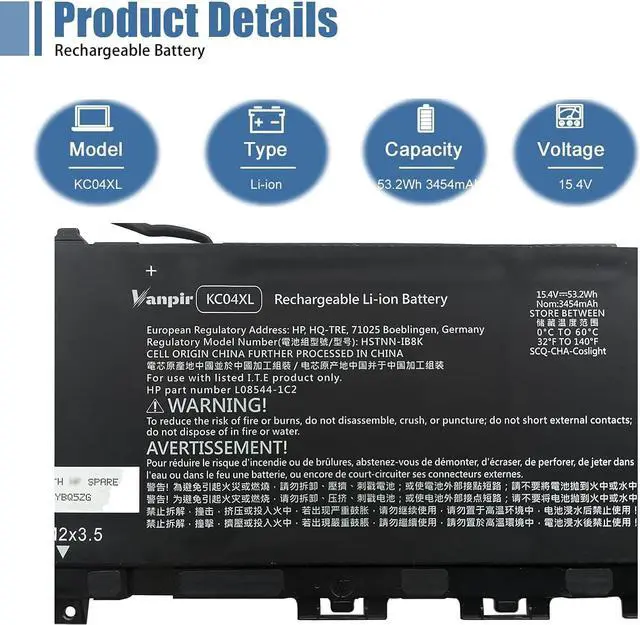 Alt view image 2 of 6 - Vanpir KC04XL HSTNN-IB8K Laptop Battery for HP Envy X360 13-AG 13M-AQ 13-AR Envy 13-AH 13-AQ 13-AG Notebook battery L08496-855 HSTNN-DB8P KC04053XL L08544-1C1 L08544-2B1 TPN-W133 TPN-W136 15.4V 53.2Wh