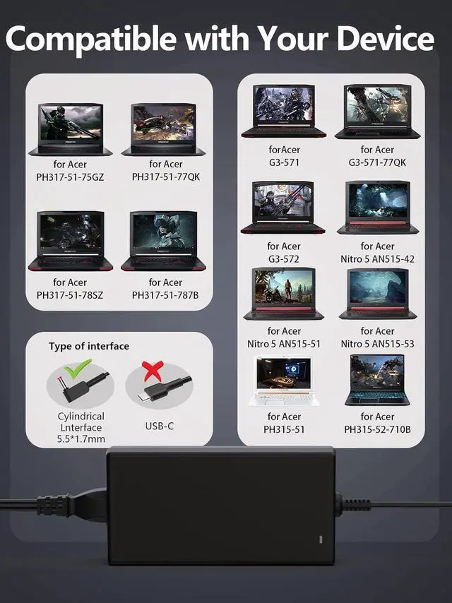 Alt view image 3 of 7 - 180W 19.5V 9.23A Charger AC Adapter for Acer Nitro 5 7 Acer Predator Helios 300 PH317-53-77YL PH317-54-70Z5 Acer Predator Triton 300 PT315-52-73WT PT315-52-7337 Laptop Power Adapter (5.5mm*1.7mm)