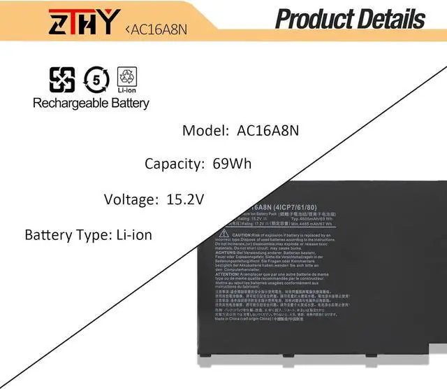 Alt view image 3 of 7 - ZTHY 69Wh AC16A8N Battery Replacement for Acer Aspire V15 V17 Nitro BE VN7-593G VN7-793 VN7-793G VN7-593G-79L1 VN7-593G-52Fd VN7-793G-78Y4 VN7-593G-75He VN7-593G-771J 70JQ 508Q VN7-793G-706L 754A 767M