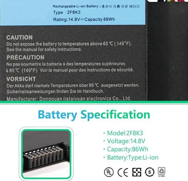 Alt view image 3 of 7 - WAFANGS 2F8K3 02F8K3 Laptop Battery Replacement for Dell Alienware 17 R1 17X M17X-R5 Alienware 18 R1 18X M18X-R3 Series Gaming 02F8K3 KJ2PX 0KJ2PX G33TT 0G33TT 0NU209 451-BBCB 14.8V/86Wh