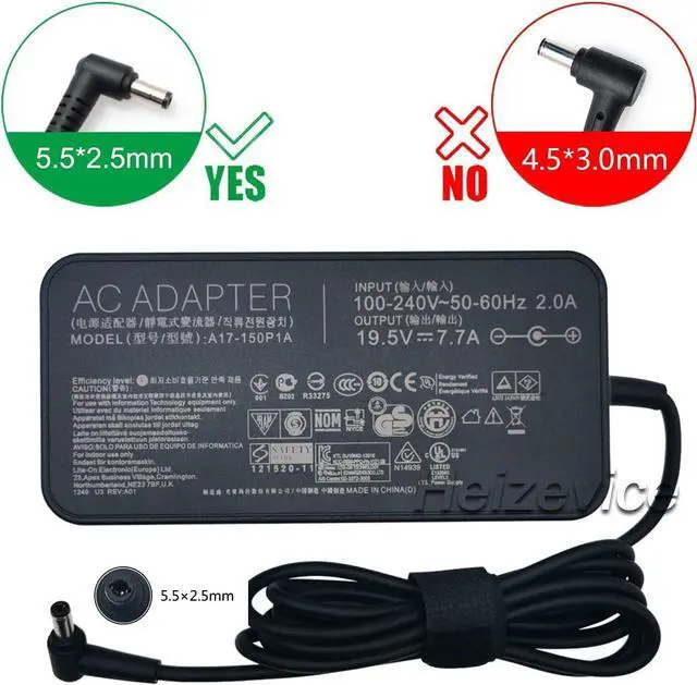 Alt view image 3 of 6 - Heizevice 19.5V 7.7A 150W A17-150P1A AC Adapter for Asus ROG G73GX GL503G G72GX G53J G75VX G75VW G73JW FX80G FX50GE N71Y N73SV Laptop Power Supply Charger 5.5x2.5mm(not 4.5x3.0mm)