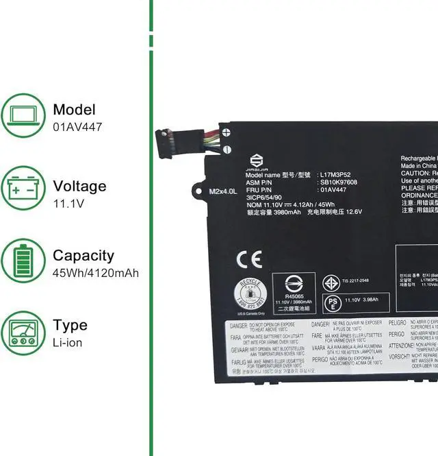 Alt view image 2 of 6 - JIAZIJIA 01AV447 L17M3P52 SB10K97608 Laptop Battery Replacement for Lenovo ThinkPad E480 E485 E495 E580 E585 E490 E590 E595 E14 E15 Series 01AV445 L17L3P51 01AV448 L17C3P51 01AV446 L17M3P51 11.1V 45Wh