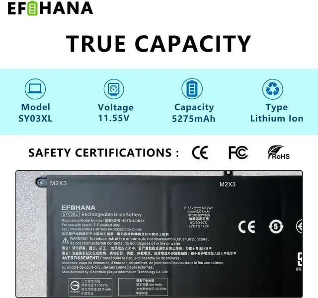 Alt view image 2 of 5 - EFOHANA SY03XL Laptop Battery Replacement for HP Chromebook x360 14 G1 14-DA0011DX 14-DA0021NR Series Notebook HSTNN-DB8X L29913-221 L29959-005 SY03060XL L29913-2C1 L29959-002 11.55V 60.9Wh 5275mAh