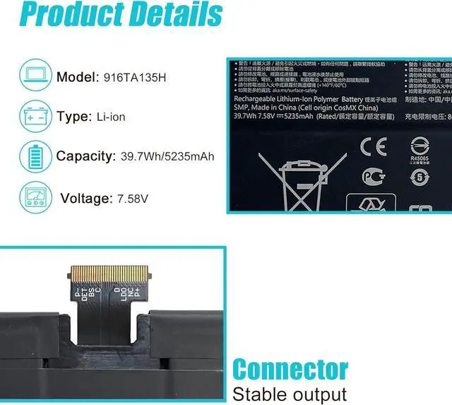 Alt view image 2 of 7 - TsuLin 916TA135H DYNZ02 Laptop Battery Compatible with Microsoft Surface Laptop Go Model 1943 12.4-Inch 39.7Wh/5235mAh 7.58V