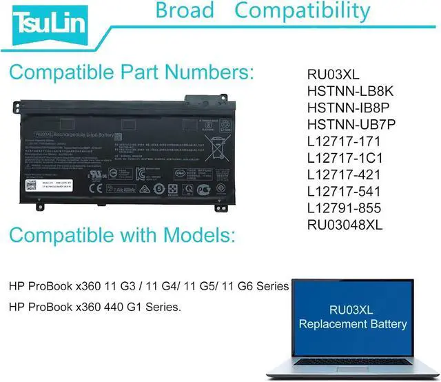 Alt view image 6 of 7 - TsuLin RU03XL Laptop Battery Replacement for Hp Probook X360 11 G3 G4 G5 G6 Education Edition Series L12717-1C1 708462-001 HSTNN-UB7P L12717-541 L12717-171 L12717-421 HSTNN-IB8P L12791-855 30Wh