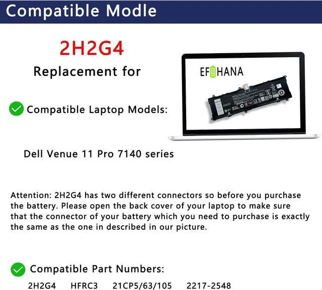 Alt view image 6 of 7 - EFOHANA 2H2G4 Laptop Battery Replacement for Dell Venue 11 Pro 7140 Series Notebook HFRC3 21CP5/63/105 2217-2548 7.4V 38Wh 4980mAh