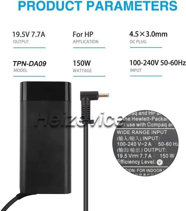 Alt view image 3 of 6 - Heizevice 150W 19.5V 7.7A 4.5x3.0mm Laptop AC Adapter Compatible with HP HP OMEN 15 17 Pavilion Gaming 15 17 Laptop Zbook 15 G3 G4 G5 G6TPN-CA11 TPN-DA09 L32661-001 Power Supply Charging Charger