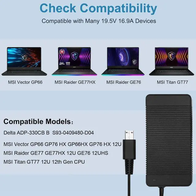 Alt view image 2 of 6 - 330W Power Cord Charger for MSI Vector GP66 GP66HX GP76 GP76HX MSI Raider GE77 GE76 Titan GT77 Delta ADP-330CB B