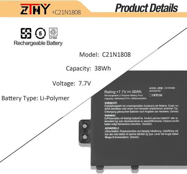 Alt view image 3 of 7 - ZTHY 38Wh C21N1808 Laptop Battery Replacement for Asus Chromebook C423 C523 C423NA C523NA C423NA-EB C423NA-BZ C523NA-A2 C423NA-RH91T-CB C523NA-DH02 C523NA-EJ0052 C423NA-BV0078 C523NA-A20105 7.7V