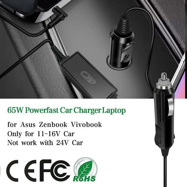 Alt view image 3 of 7 - CYD Laptop car Charger 65w Replacement for asus vivobook r556lf r556ub k501uw-ab78 ad883j20 x451m x551m f451c f551c x751s k751m f551ca f551ma x551mav-eb01-b 3.3ft Notebook Power ac Adapter Cord Cable