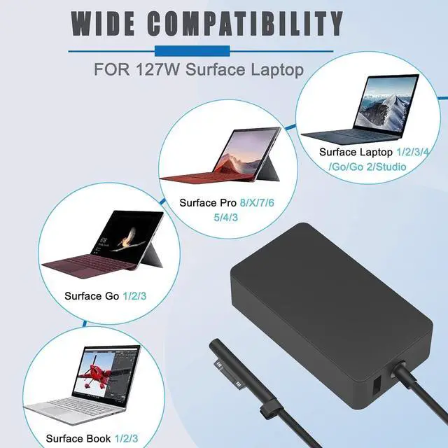 Alt view image 3 of 7 - Ibatts 127W Replacement Charger for Surface Book 2 3 Surface Laptop 2 3 4 Go Studio Surface Pro 3 4 6 7 8 9 X Power Cord HMW-00001 SLZ-00001 SLS-00001 SMV-00001 TLQ-00001 HNL-00001-cr JJQ-00001