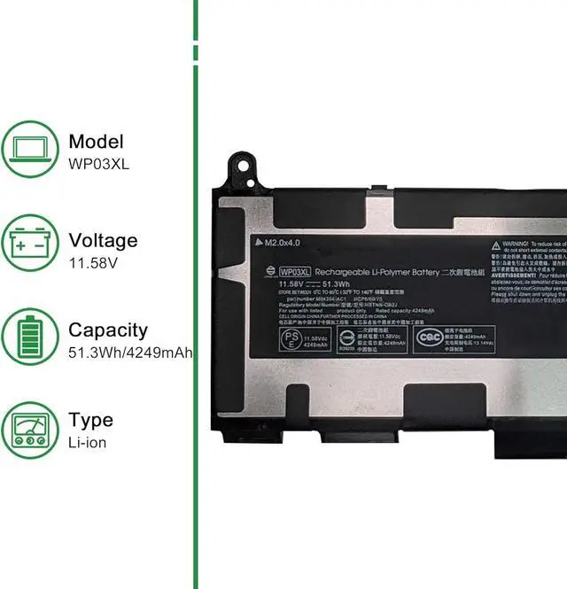 Alt view image 2 of 6 - JIAZIJIA WP03XL M73466-005 Laptop Battery Replacement for Hp Elitebook 830 840 G9 Series Notebook HSTNN-OB2J M64304-AC1 11.58V 51.3Wh 4249mAh