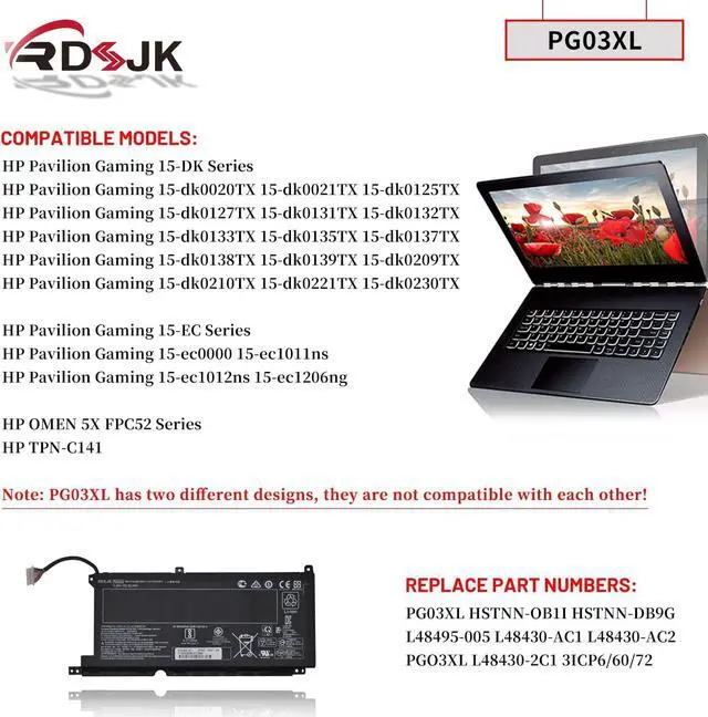 Alt view image 3 of 7 - PG03XL Laptop Battery for HP Pavilion Gaming 15-DK 15-dk0020TX 15-dk0021TX 15-EC 15-ec0000 15-ec1011ns OMEN 5X FPC52 Series PGO3XL HSTNN-OB1I HSTNN-DB9G L48495-005 L48430-AC1 L48430-AC2 11.55V 52.5Wh