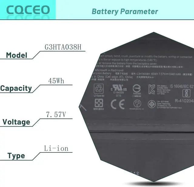 Alt view image 3 of 7 - G3HTA038H DYNM02 Laptop Battery for Microsoft Surface Pro 5th Model 1796/2017 Surface Pro 6 Model 1807/1809/1796,/2018 12.3" 2-in-1 Core i5 i7 m3 FJU-00001 FKJ/FKG-00001 7.57V 45Wh 5940mAh