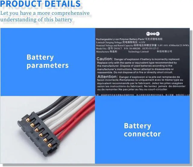 Alt view image 4 of 7 - HXPK 58-000280 2955C7 A2110 Long Cable Tablet Laptop Battery for Fire HD 10.1 9th Generation M2V3R5 for Fire HD 10.1 7th Generation SL056ZE 3.8V 23.94Wh 6300mAh (Battery Cable Length: 3.2cm) B31N1631