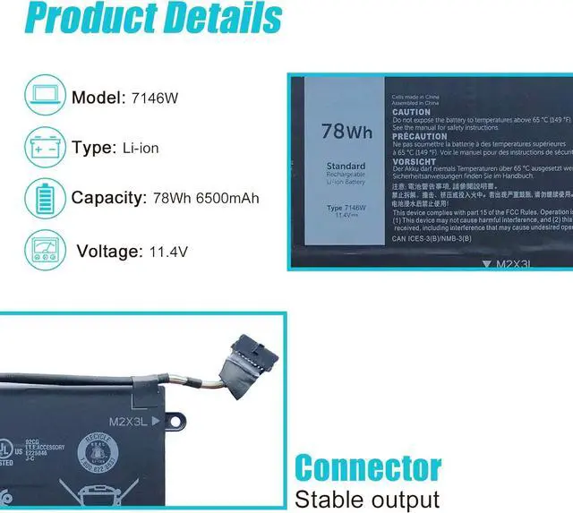 Alt view image 2 of 7 - 7146W Laptop Battery Replacement for Dell Latitude 7400 E7400 2-in-1 Latitude 9410 Series Notebook NF2MW 0C76H7 C76H7 11.4V 78Wh 6500mAh