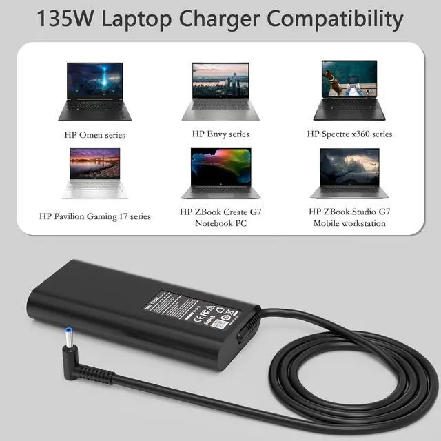 Alt view image 6 of 7 - 135W Laptop Charger 19.5V 6.9A AC Adapter for HP Pavilion Gaming 15 17 ec0013dx 15-ec0751ms TPN-DA11 TPN-CA13 HP Spectre X360 15t-df100 HP OMEN 15 17 Power Supply Cord