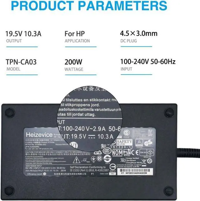 Alt view image 3 of 6 - Heizevice 200W 19.5V 10.3A Laptop Charger AC Adapter Compatible with HP OMEN Pavilion Gaming 15 17 Envy 15 2020 TPN-DA10 L00818-850 TPN-LA21 L73385-001 ADP-200HB B OMEN 15 15t 17 17t Power Supply Cord