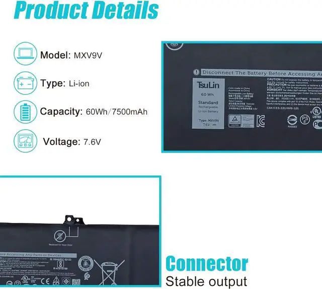 Alt view image 2 of 6 - TsuLin MXV9V Laptop Battery Replacement for Dell Latitude 5300 5310 7300 7400 E5300 E7300 E7400 Inspiron 7300 7306 2-in-1Series Notebook 829MX 0829MX 5VC2M 05VC2M 7.6V 60Wh 7500mAh 4-Cell