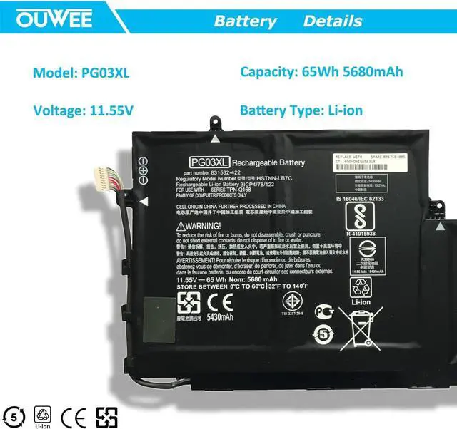 Alt view image 2 of 7 - OUWEE PG03XL Laptop Battery Compatible with HP Spectre X360 15 AP011DX 15-AP000 AP000NA AP000NF AP000NX Series PGO3XL 831532-421 831532-422 831758-005 HSTNN-LB7C 11.55V 65Wh 5680mAh (Shape-B)