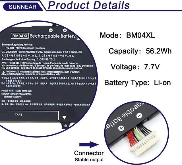 Alt view image 2 of 7 - SUNNEAR BM04XL 56.2Wh L02478-855 Laptop Battery Replacement for HP Elitebook 1030 X360 G3 45X96UT Series Notebook HSTNN-UB7L HSTNN-DB8L L02031-2C1 L02031-541 L02475-855 7.7V 7300mAh