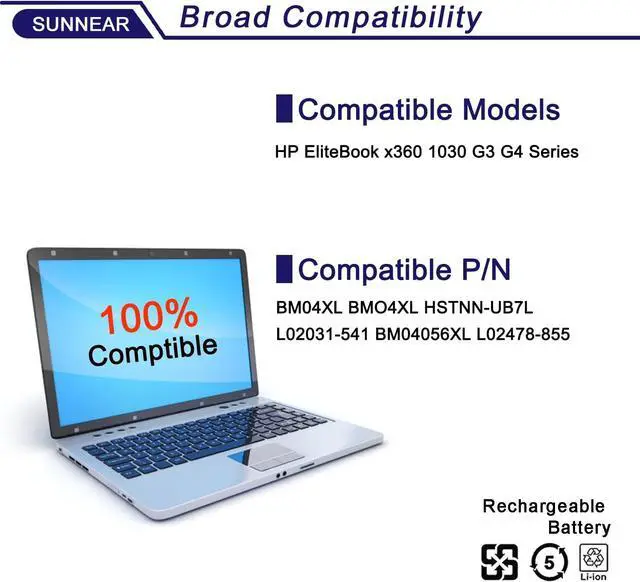 Alt view image 5 of 7 - SUNNEAR BM04XL 56.2Wh L02478-855 Laptop Battery Replacement for HP Elitebook 1030 X360 G3 45X96UT Series Notebook HSTNN-UB7L HSTNN-DB8L L02031-2C1 L02031-541 L02475-855 7.7V 7300mAh