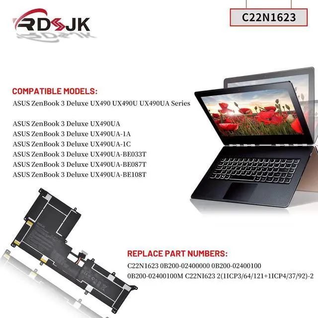 Alt view image 3 of 7 - C22N1623 Laptop Battery for Asus ZenBook 3 Deluxe UX490 UX490U UX490UA UX490UA-1A UX490UA-1C UX490UA-BE033T UX490UA-BE087T UX490UA-BE108T Series 0B200-02400100M 7.7V 46Wh