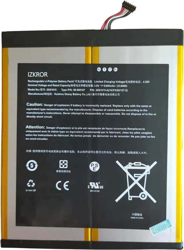 Main image of IZKROR 26S1015 23.94Wh 6300mAh Battery Replacement for Fire HD 10.1 7th Gen V2 SL056ZE 2017 Series Laptop 58-000187 58-000377 A0465 26S1015-A 2955C7 3.8V (The Wire Harness Length: 0.98 inch)