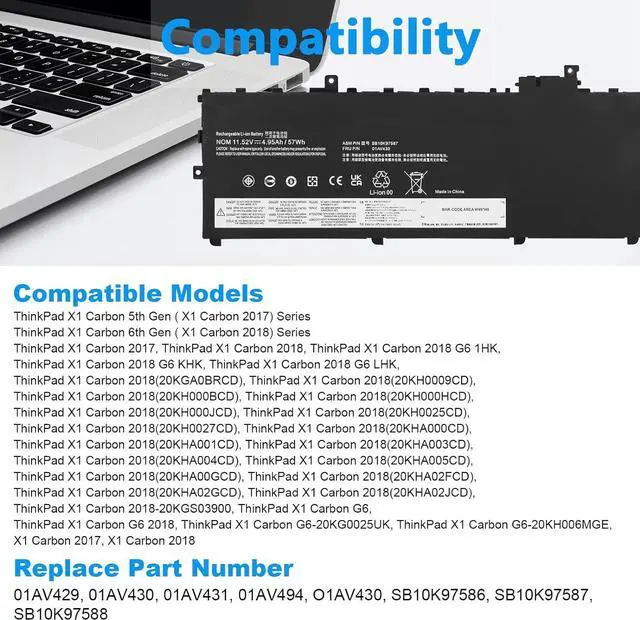 Alt view image 6 of 7 - Fancy Buying 01AV430 SB10K97587 Battery Replacement for Lenovo ThinkPad X1 Carbon 5th Gen 2017 6th Gen 2018 Series 01AV429 SB10K97586 01AV431 SB10K97588 01AV494 SB10K97586