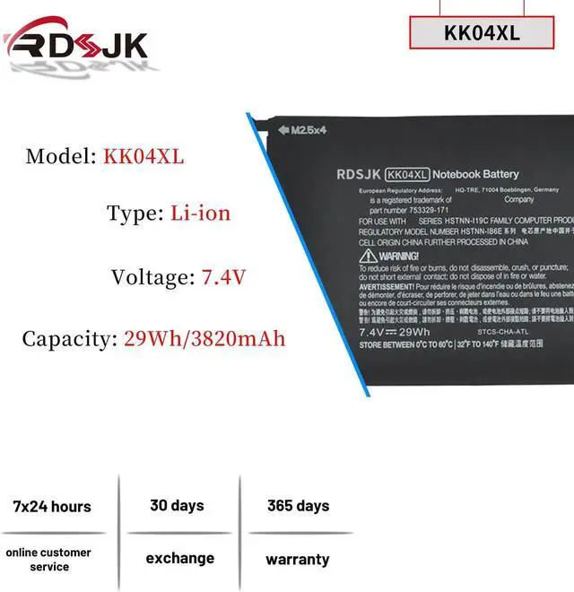 Alt view image 2 of 7 - RDSJK KK04XL Laptop Battery Compatible HP Pro X2 612 G1 HSTNN-UB6E Tablet HSTNN-IB6E HSTNN-I19C 753703-005 753329-1C1 753329-171 7.4V 29Wh