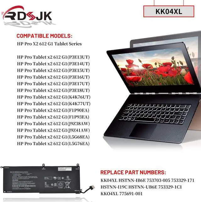 Alt view image 3 of 7 - RDSJK KK04XL Laptop Battery Compatible HP Pro X2 612 G1 HSTNN-UB6E Tablet HSTNN-IB6E HSTNN-I19C 753703-005 753329-1C1 753329-171 7.4V 29Wh