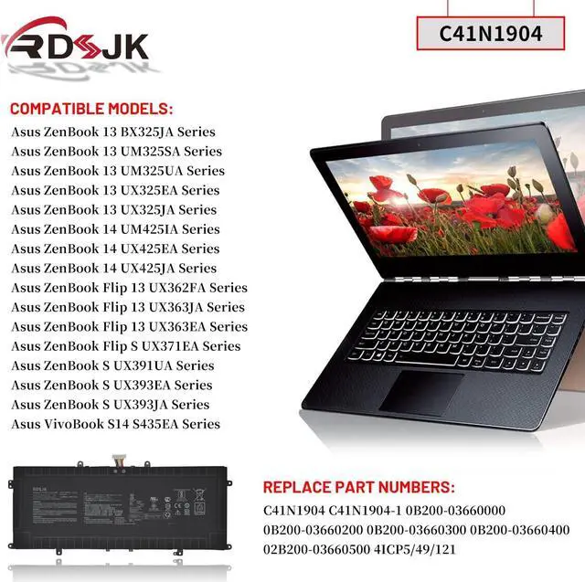 Alt view image 3 of 7 - C41N1904 C41N1904-1 Laptop Battery for Asus ZenBook 13 BX325JA UM325SA UM325UA UX325EA UX325JA 14 UM425IA UX425EA UX425JA Flip 13 UX363EA Flip S UX371EA UX391UA UX393JA UX393EA Series 15.48V 67Wh