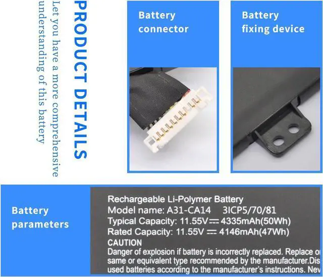 Alt view image 3 of 7 - HXPKH A31-CA14 Laptop Battery for Getac A31-CA14 3ICP5/70/81 31CP5/70/81 Series Battery 11.55V 50Wh/4335mAh
