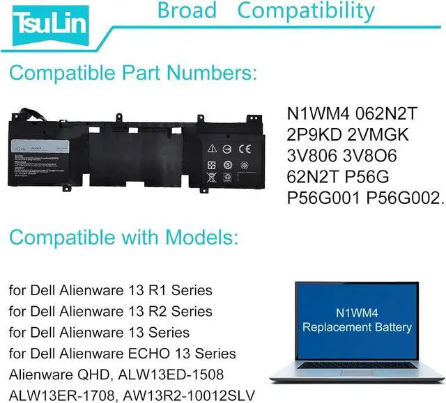 Alt view image 6 of 7 - TsuLin N1WM4 62Wh 15.2V Li-ion Laptop Battery Compatible with Dell Alienware 13 R2 13.3" 2VMGK