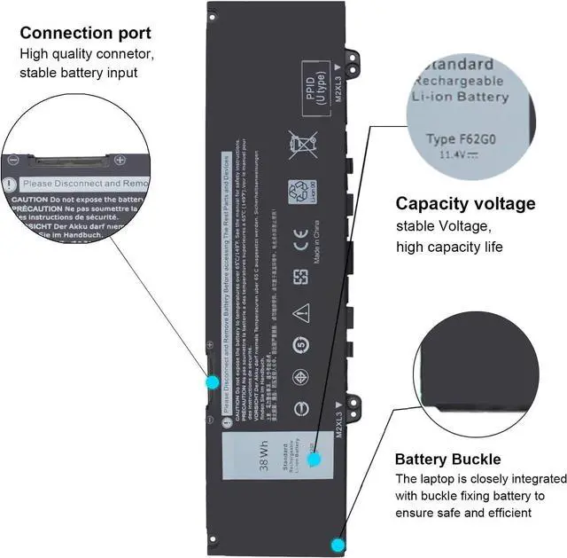 Alt view image 4 of 7 - 38Wh F62G0 Battery for Dell Inspiron 13 7000 7000 2-in-1 7373 2-in-1 7386 2-in-1 i7373 7370 7380 P91G P83G P87G P83G001 P87G001 F62GO 39DY5 Vostro 5370 Inspiron 13 5370 7386 7373 Laptop Battery
