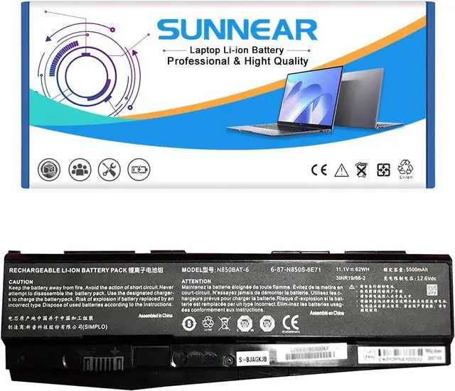 Main image of SUNNEAR N850BAT-6 62Wh Battery Replacement for CLEVO N870 N870HK Z6-KP Z6-KP5GT Z7M-KP Z7M-KP7G1 T58-T1 T6TI Series Laptop 6-87-N850S-6E71 6-87-N850S-4U41 11.1V 5500mAh